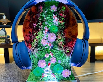 Resin River Koi Fish Headphone Stand & Lamp,Office Desk Decor,Custom Night Light,Koi Fish Lover Gift