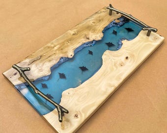 Wood Resin Mantarays Tray,Ocean Serving Tray,Blue Resin Tray,Housewarming Gift,Christmas Gift