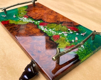 Wood Resin River Koi Fish Tray,Dark Burl Wood Tray,Koi Pond Tray,Housewarming Gift,Christmas Gift