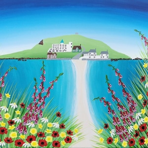 SÅLD Akrylmålning på Burgh Island: Kustkonst i Devon, Blomsterlandskap