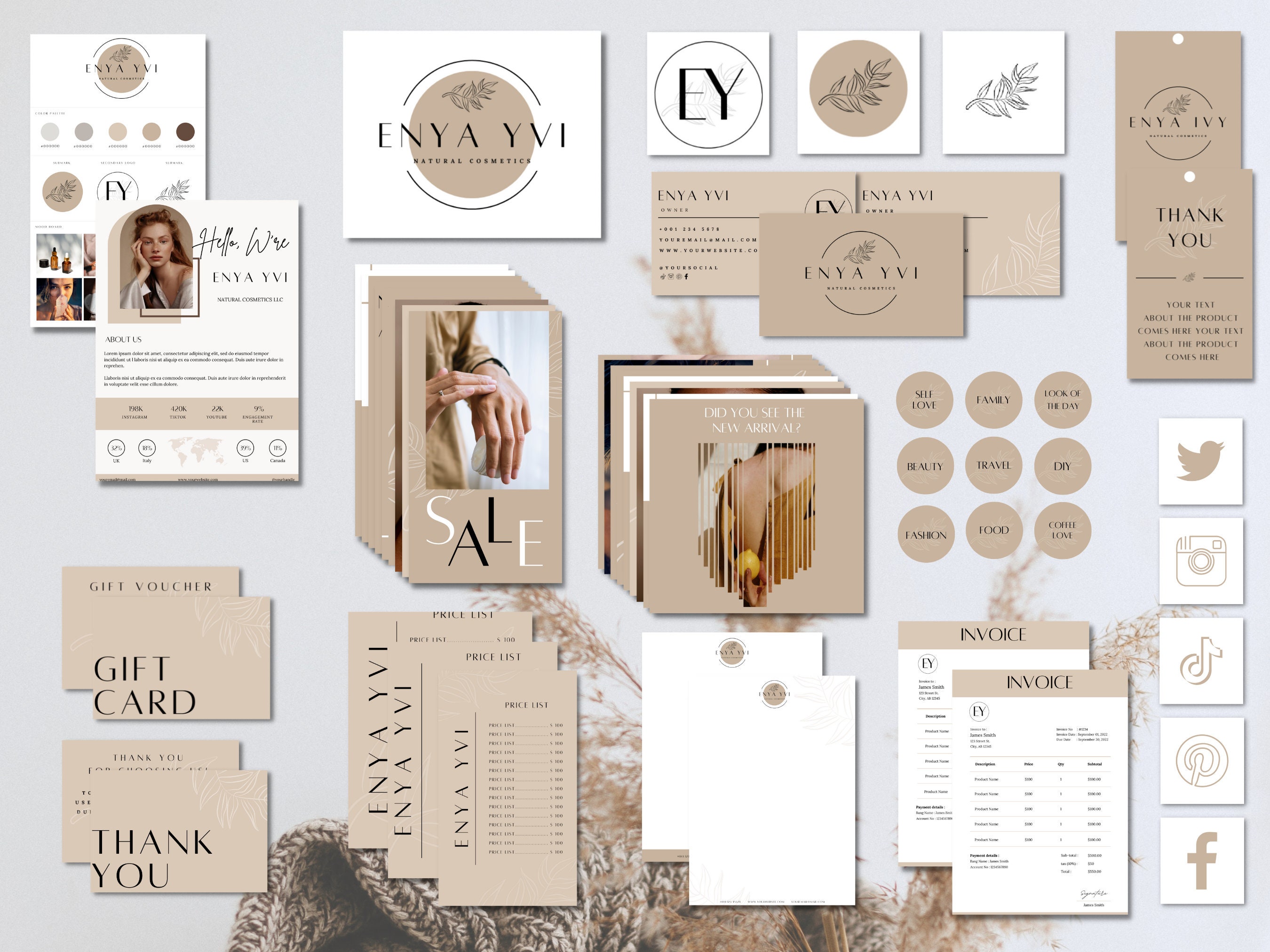 ENYA Large Branding Kit 50+ Templates, Large Business Kit, Logo, Cards, Social Media, DIY Fully Customizable Editable Printable Collection