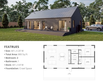 May include: A black and gray modern house with a gray metal roof and a wooden deck. The house has two bedrooms and one bathroom. The floor plan shows a living room, kitchen, bathroom, and two bedrooms. The house is 44 feet long and 20 feet wide, with a total area of 880 square feet.
