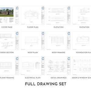 May include: A set of architectural drawings for a small house. The drawings include floor plans, elevations, cross sections, roof plans, foundation plans, and detail drawings. The drawings are labeled with the name of the drawing and the scale.