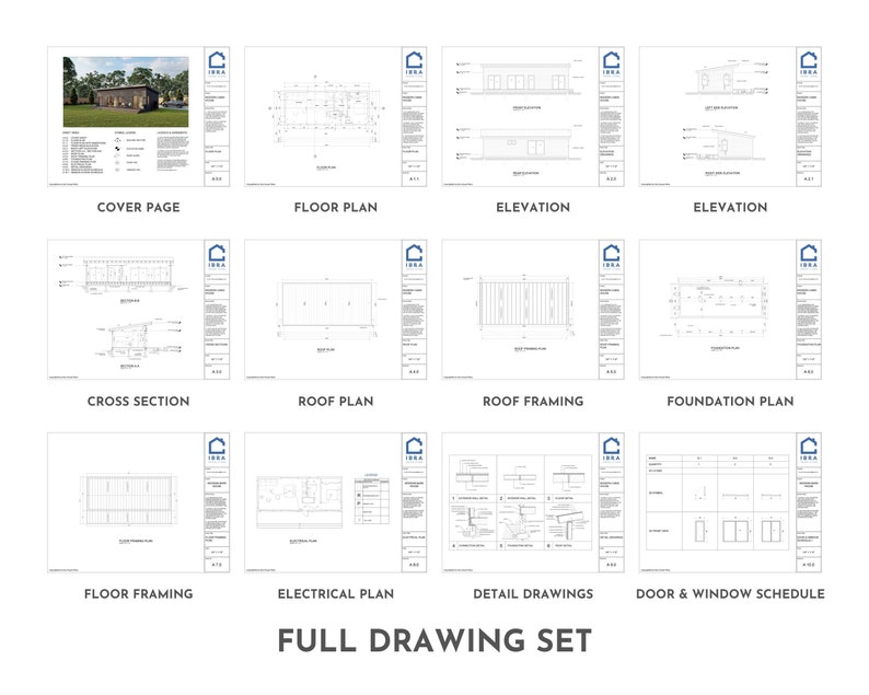 May include: A set of architectural drawings for a small house. The drawings include floor plans, elevations, cross sections, roof plans, foundation plans, and detail drawings. The drawings are labeled with the name of the drawing and the scale.