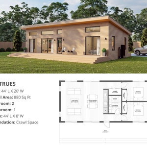 Modern huthuis, 20 'x 44', 880 vierkante voet, Tiny House, architectonische plannen, blauwdruk