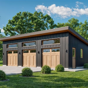 Three Car Garage Plan 24&#39;x40&#39;, Detached Shed Roof Garage, 960 Sq Ft, 9 Ft Walls, DIY Garage Plans, Instant Download