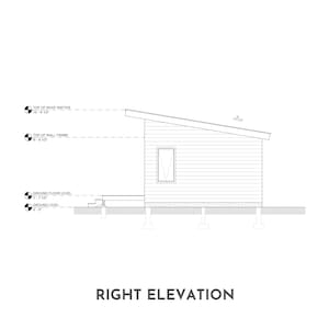 May include: A black and white line drawing of a house with a sloped roof. The drawing shows the right side of the house, with a window and a small porch. The drawing includes measurements for the top of the roof rafter, top of the wall frame, ground floor level, and ground level. The text "RIGHT ELEVATION" is printed below the drawing.