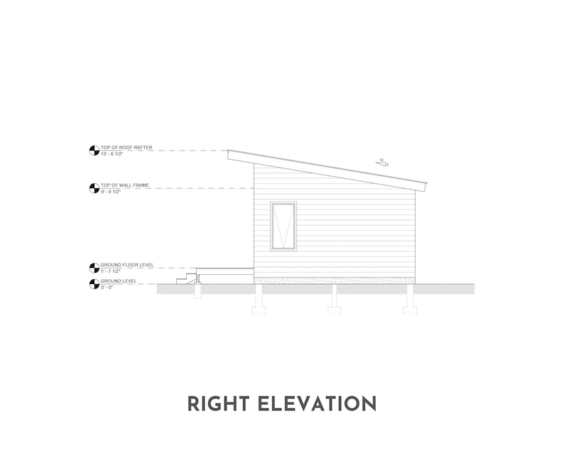 May include: A black and white line drawing of a house with a sloped roof. The drawing shows the right side of the house, with a window and a small porch. The drawing includes measurements for the top of the roof rafter, top of the wall frame, ground floor level, and ground level. The text "RIGHT ELEVATION" is printed below the drawing.