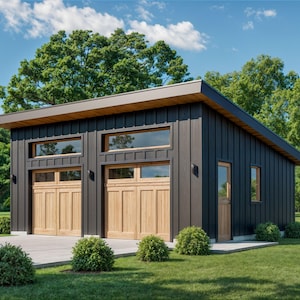 Two Car Garage Plan 24&#39;x28&#39;, Detached Shed Roof Garage, 672 Sq Ft, 9 Ft Walls, DIY Garage Plans, Instant Download