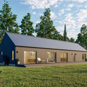 Modern huisje, 20' x 70', 1400 vierkante voet, 3 slaapkamers en 2 badkamers, architectonische plannen, blauwdruk