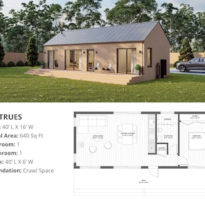 Modern huthuis, 16 'x 40', 60 vierkante meter, Tiny House, architectonische plannen, blauwdruk