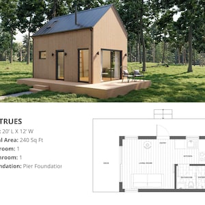 Modern huthuis, 12 'x 20', 240 vierkante voet, Tiny House, architectonische plannen, blauwdruk