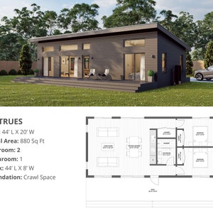 Modern huthuis, 20 'x 44', 880 vierkante voet, Tiny House, architectonische plannen, blauwdruk