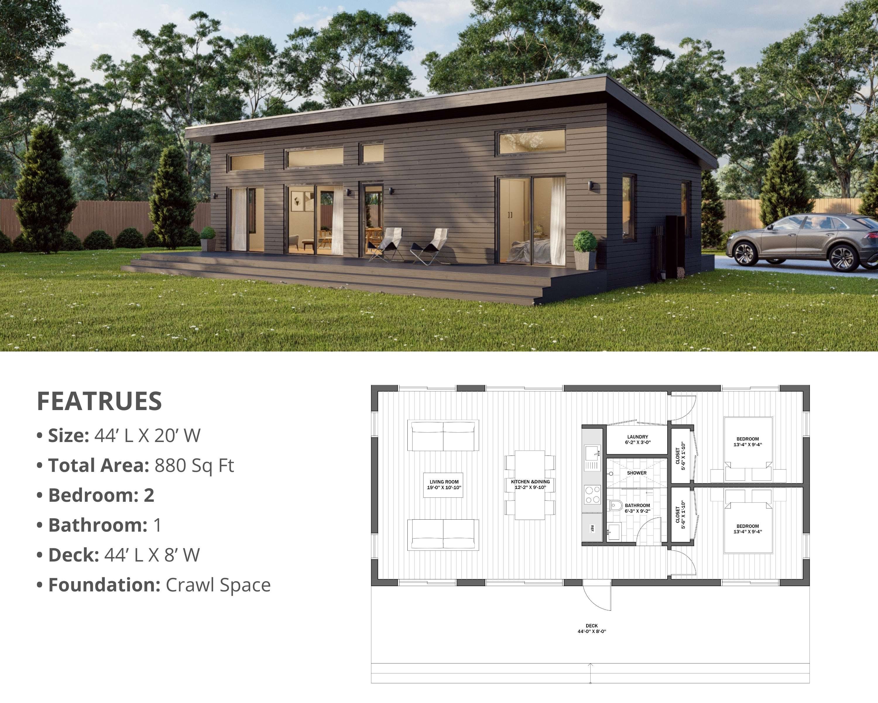 Modern Cabin House, 20’ x 44’, 880 Sq Ft, Tiny House, Architectural Plans, Blueprint