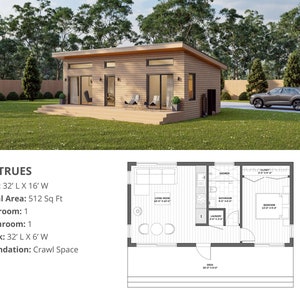 Modern Cabin House, 16’ x 32’, 512 Sq Ft, Tiny House, Architectural Plans, Blueprint