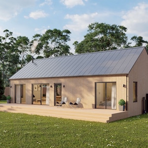 モダンなキャビンハウス、20’ x 44’、880 平方フィート、タイニーハウス、建築計画、青写真