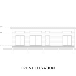 May include: A black and white line drawing of a house with a front elevation view. The house has a flat roof, three windows, and two sets of double doors. The drawing includes measurements for the top of the roof rafter, top of the wall frame, ground floor level, and ground level.