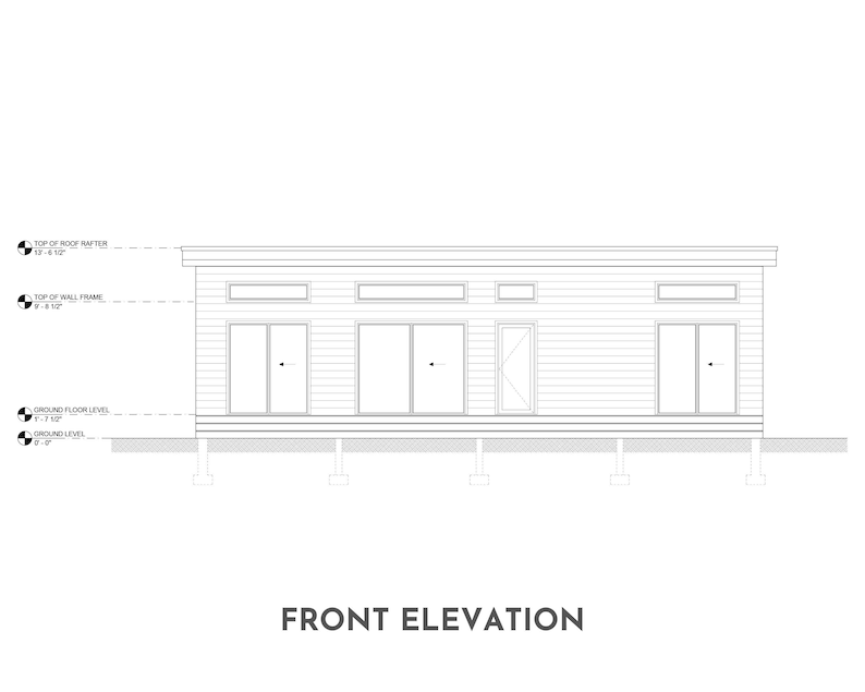 May include: A black and white line drawing of a house with a front elevation view. The house has a flat roof, three windows, and two sets of double doors. The drawing includes measurements for the top of the roof rafter, top of the wall frame, ground floor level, and ground level.