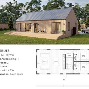 Modern Cabin House, 20’ x 44’, 880 Sq Ft, Tiny House, Architectural Plans, Blueprint