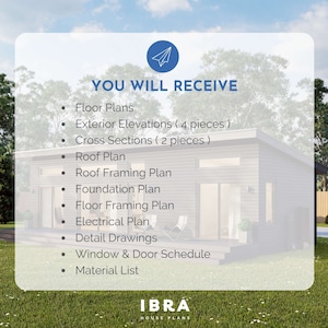 May include: A digital illustration of a house plan with the text "YOU WILL RECEIVE" and a list of included plans: Floor Plans, Exterior Elevations (4 pieces), Cross Sections (2 pieces), Roof Plan, Roof Framing Plan, Foundation Plan, Floor Framing Plan, Electrical Plan, Detail Drawings, Window & Door Schedule, Material List. The text "IBRA HOUSE PLANS" is at the bottom of the image.