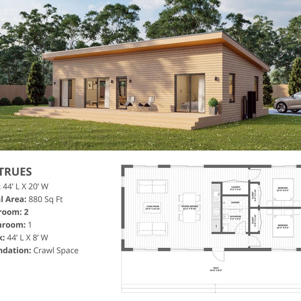 Modern Cabin House, 20’ x 44’, 880 Sq Ft, Tiny House, Architectural Plans, Blueprint