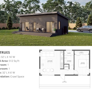 Modern Cabin House, 16’ x 32’, 512 Sq Ft, Tiny House, Architectural Plans, Blueprint