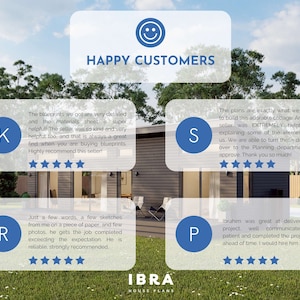 May include: Happy customers share their positive reviews about a house plan design service. The reviews highlight the detailed blueprints, helpful seller, and excellent communication and project delivery.
