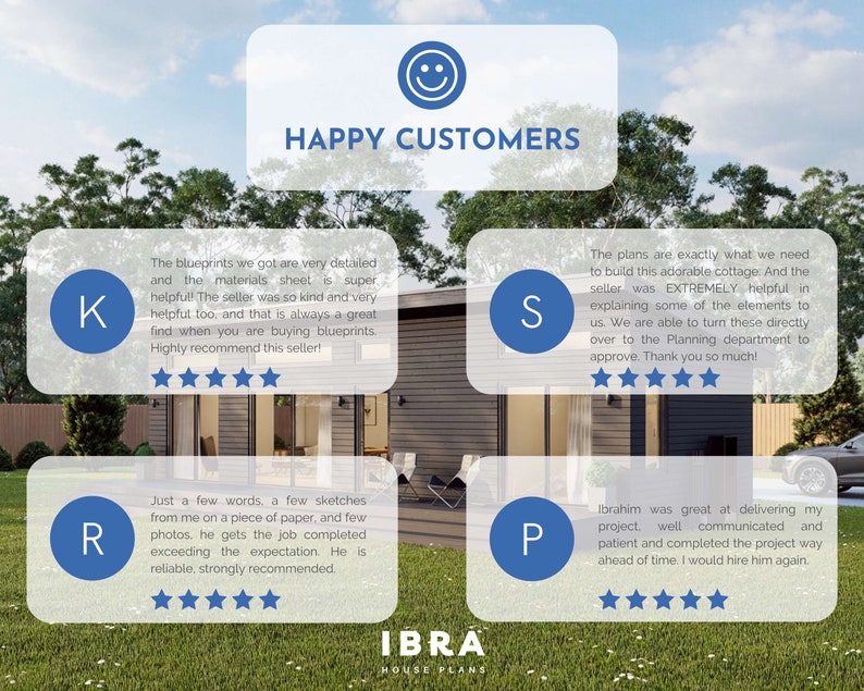May include: Happy customers share their positive reviews about a house plan design service. The reviews highlight the detailed blueprints, helpful seller, and excellent communication and project delivery.