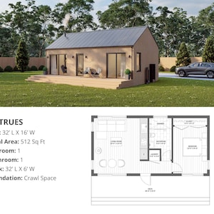 Modern huthuis, 16 'x 32', 512 vierkante voet, Tiny House, architectonische plannen, blauwdruk