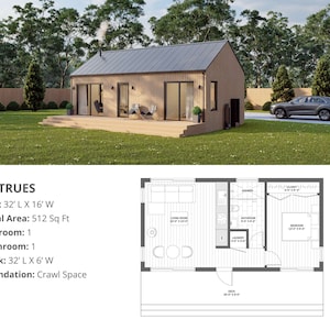 Modern Cabin House, 16’ x 32’, 512 Sq Ft, Tiny House, Architectural Plans, Blueprint