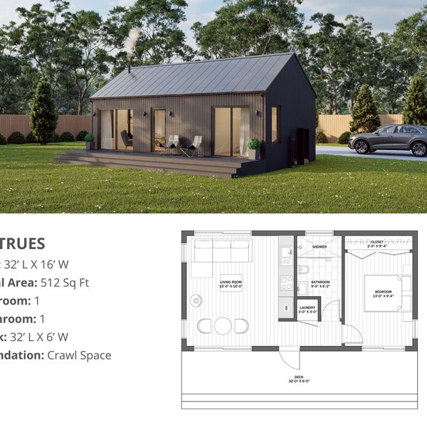 Modern Cabin House, 16’ x 32’, 512 Sq Ft, Tiny House, Architectural Plans, Blueprint