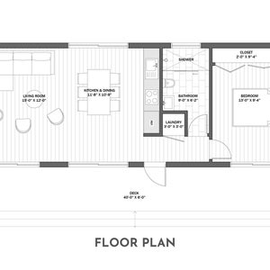 May include: A black and white floor plan of a small house with a living room, kitchen, dining room, bathroom, bedroom, laundry room, closet, and deck. The floor plan includes dimensions for each room.