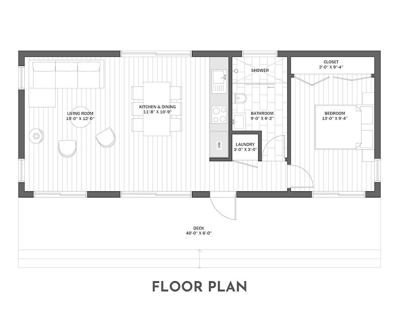 May include: A black and white floor plan of a small house with a living room, kitchen, dining room, bathroom, bedroom, laundry room, closet, and deck. The floor plan includes dimensions for each room.