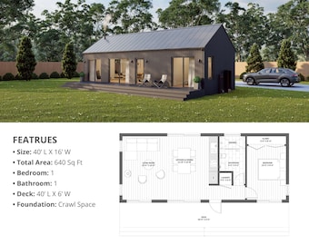 Modern Cabin House, 16’ x 40’, 640 Sq Ft, Tiny House, Architectural Plans, Blueprint