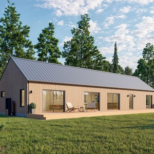 Modern huisje, 20' x 70', 1400 vierkante voet, 3 slaapkamers en 2 badkamers, architectonische plannen, blauwdruk