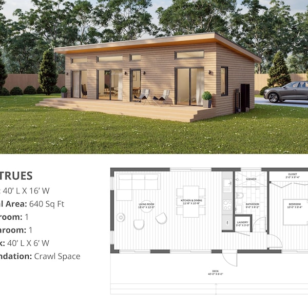 Modern Cabin House, 16’ x 40’, 640 Sq Ft, Tiny House, Architectural Plans, Blueprint