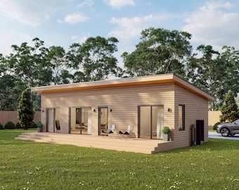 May include: A modern, single-story wooden house with a large deck and a grassy lawn. The house has a light brown wood exterior and large windows. There are two chairs on the deck and a car parked in the driveway.
