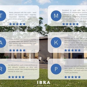 May include: Five customer testimonials with letter grades and star ratings. Each testimonial highlights the positive aspects of working with Ibrahim, a house plan designer. The testimonials mention his speed, communication, attention to detail, and ability to meet deadlines.