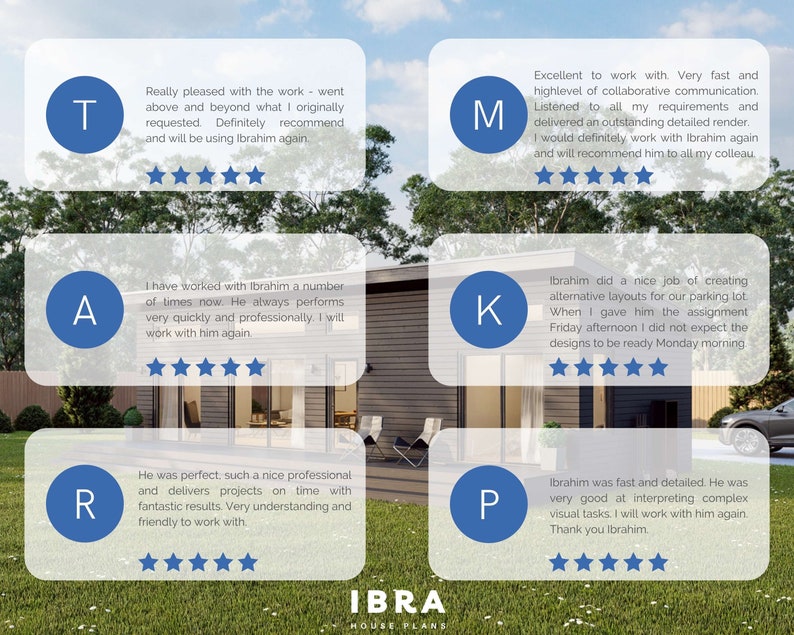 May include: Five customer testimonials with letter grades and star ratings. Each testimonial highlights the positive aspects of working with Ibrahim, a house plan designer. The testimonials mention his speed, communication, attention to detail, and ability to meet deadlines.