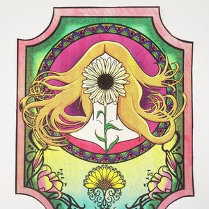 May include: A colorful illustration of a woman with long flowing hair, a sunflower, and other floral elements. The image is framed in a decorative border with a stained glass effect.