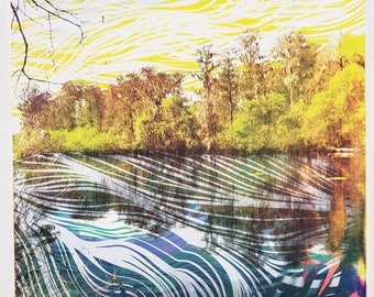 Burning Lake Screen Print: Abstract Landscape Art (22"x30")