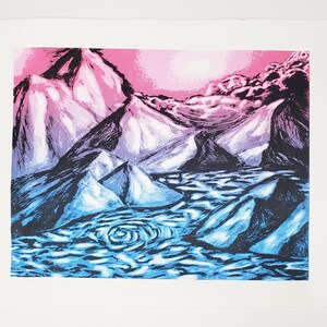 Mountains -  20&quot;x15&quot; screen printed poster line art nature scenic water landscape gradient blue pink silkscreen print
