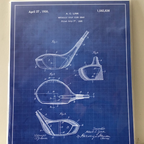 Golf Club Head Patent Illustration,Size 11”x14”,Blue Background.This  Reproduction Was Patented in 1926.A Gift For Him or Her.