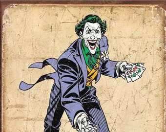 DC Comics The Joker on a 12.5 W x 16 H Tin Sign.This Quality Sign Has A Smooth Clear Coat Finish.