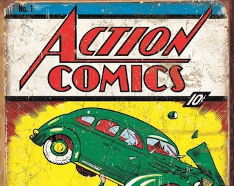 Action Comics #1 Cover Superman,On A 12.5” W x 16” H Tin Sign.This Quality Sign Has A Smooth Clear Coat Finish.