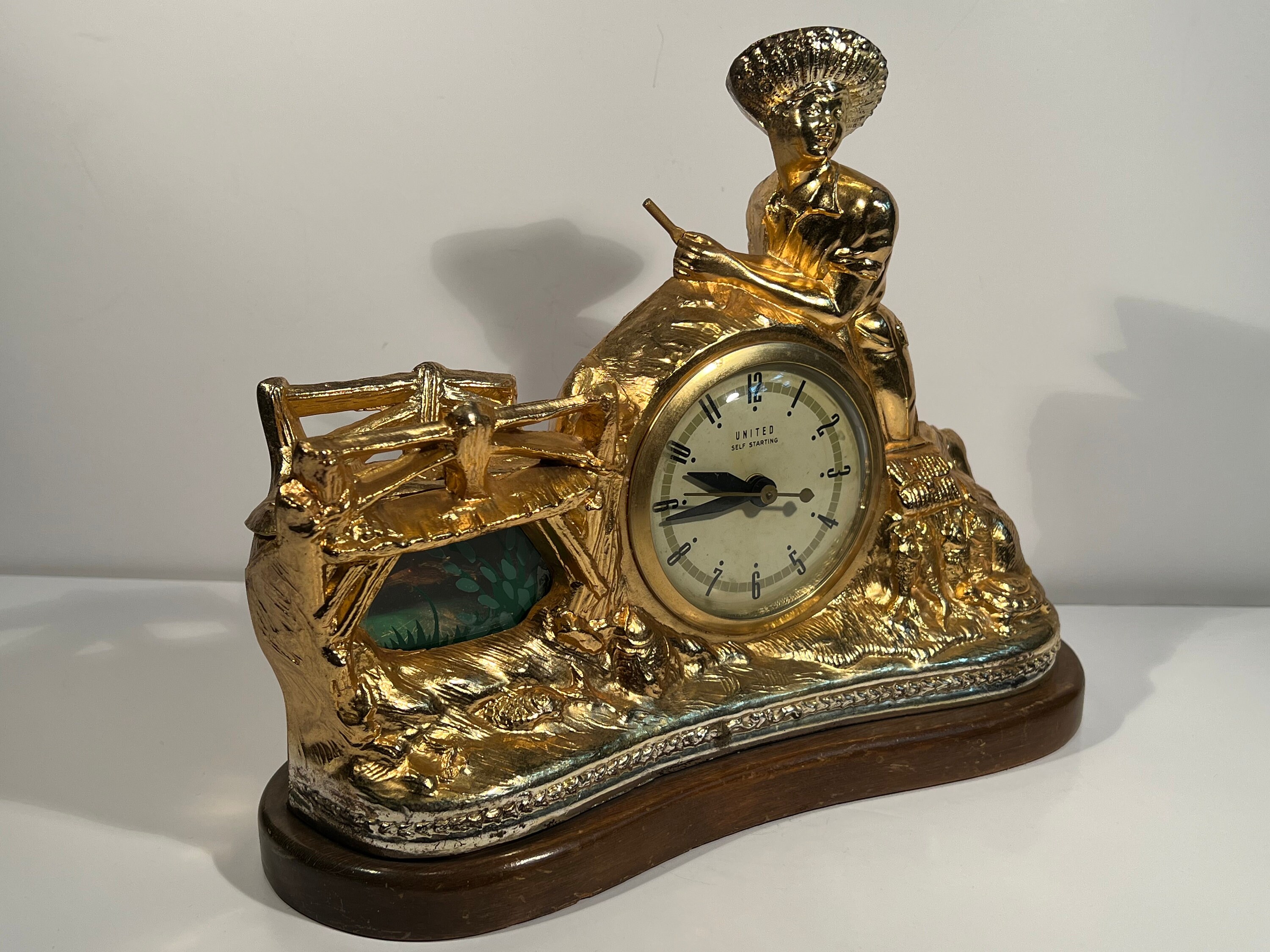 Antique United Metal Works Mantle Clock, Boy Fishing, Brooklyn, NY