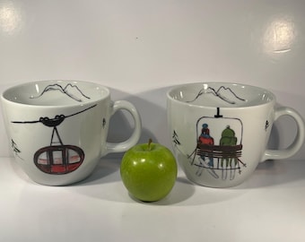 Ski Chalet Soup Mugs, Formenton Montreal, 32oz Lubiana Porcelain, Pair