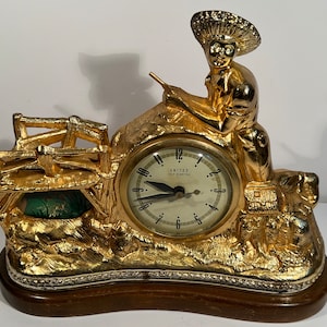 Antique United Metal Works Mantle Clock, Boy Fishing, Brooklyn, NY