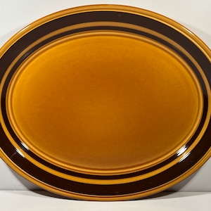 May include: A brown ceramic dinner plate with a double black rim.