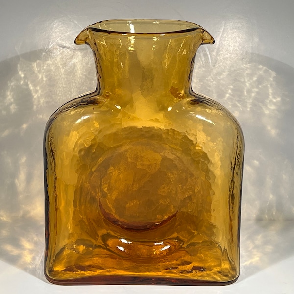 Blenko Glass Company, West Virginia Made Double Spouted Deep Amber Pebbled Surface Water Bottle - Decanter - Carafe - Vase - 36oz - 1.1 ltr